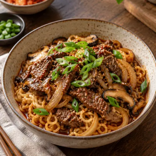 Spicy Korean beef noodles with sliced steak and vegetables