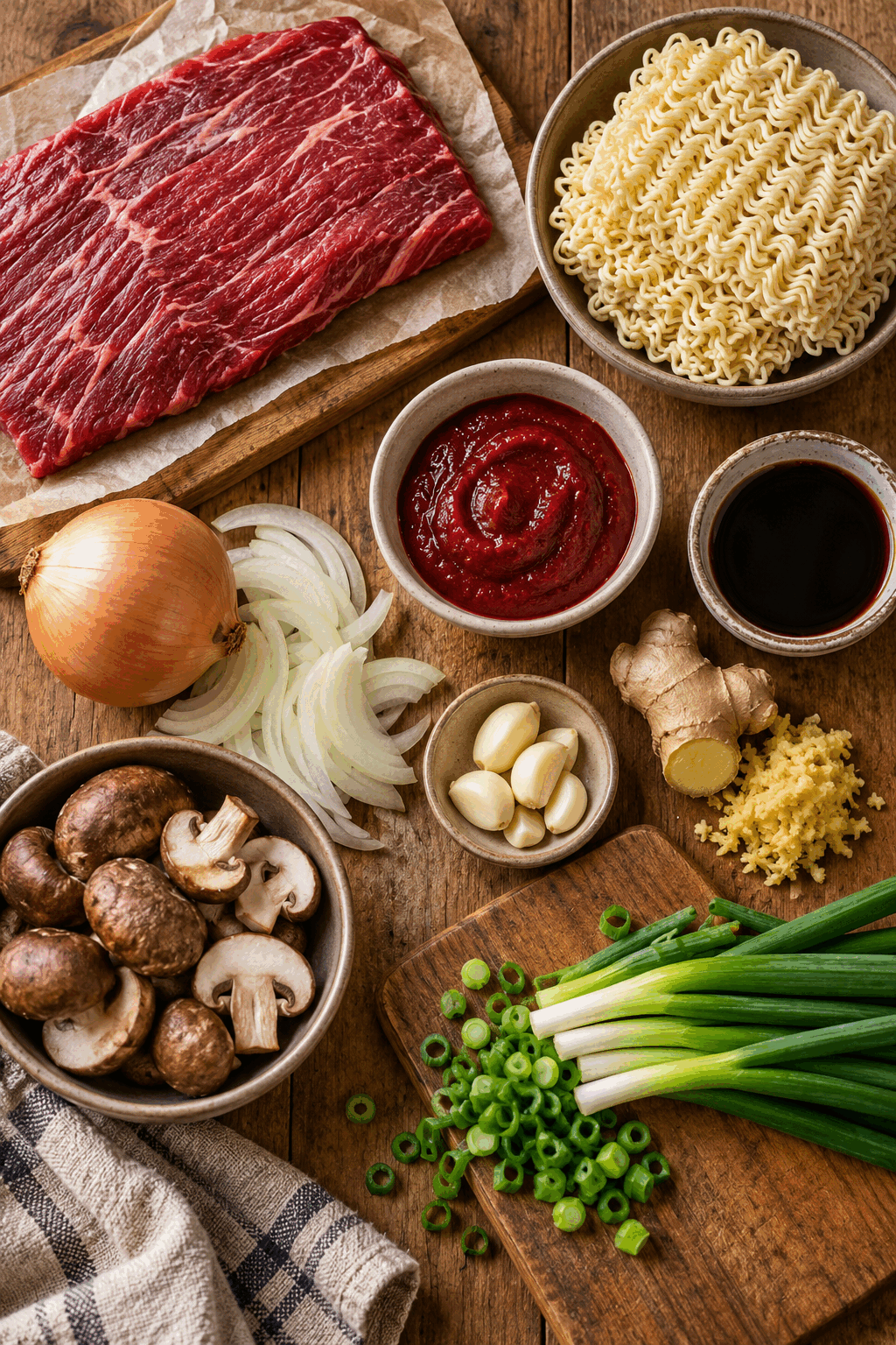 Ingredients for spicy Korean beef noodles