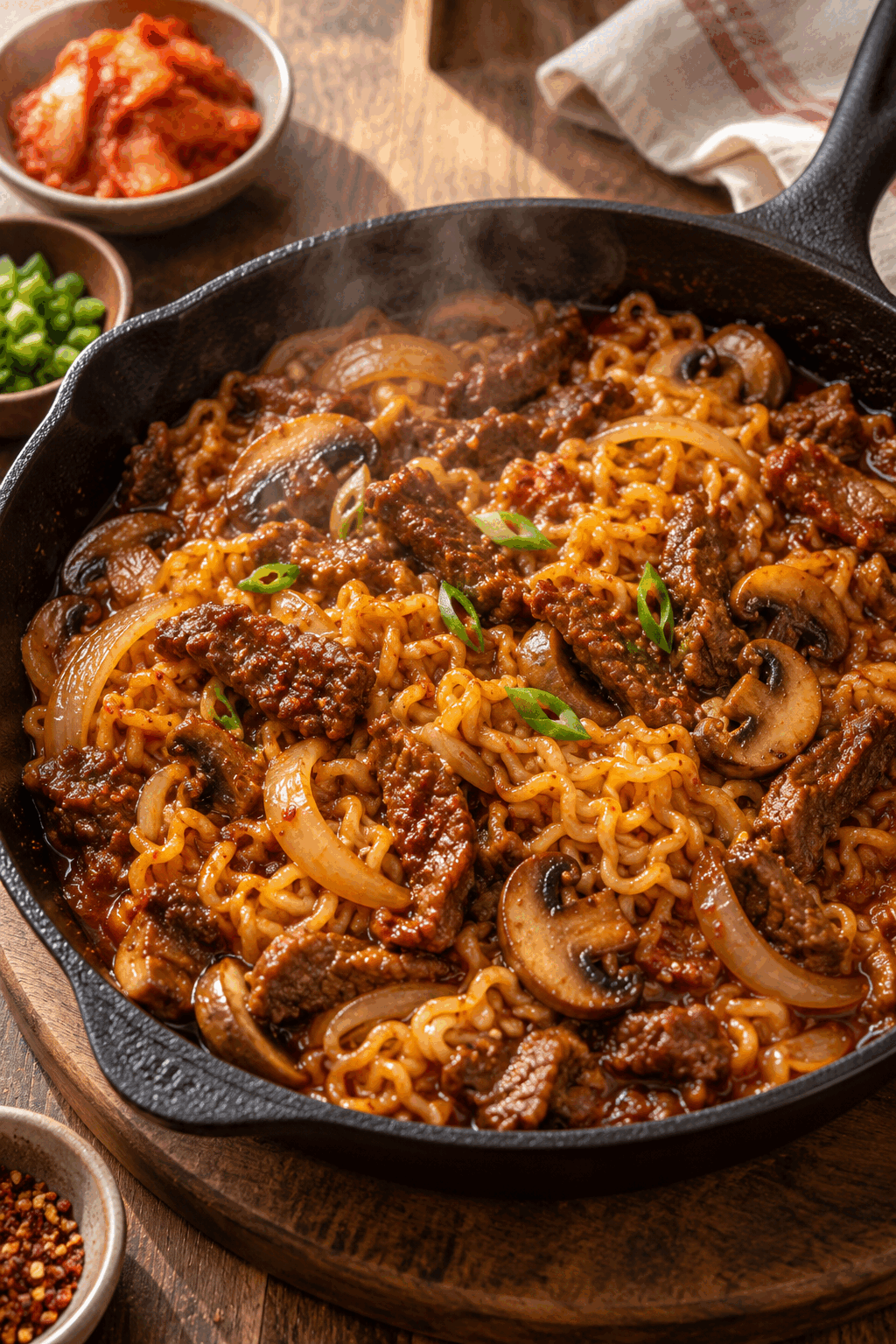 Spicy Korean beef noodles simmering in a skillet