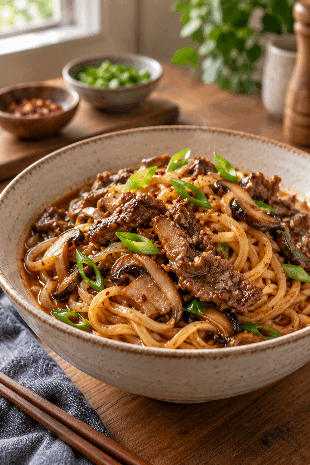 Finished spicy Korean beef noodles with sliced steak and green onions