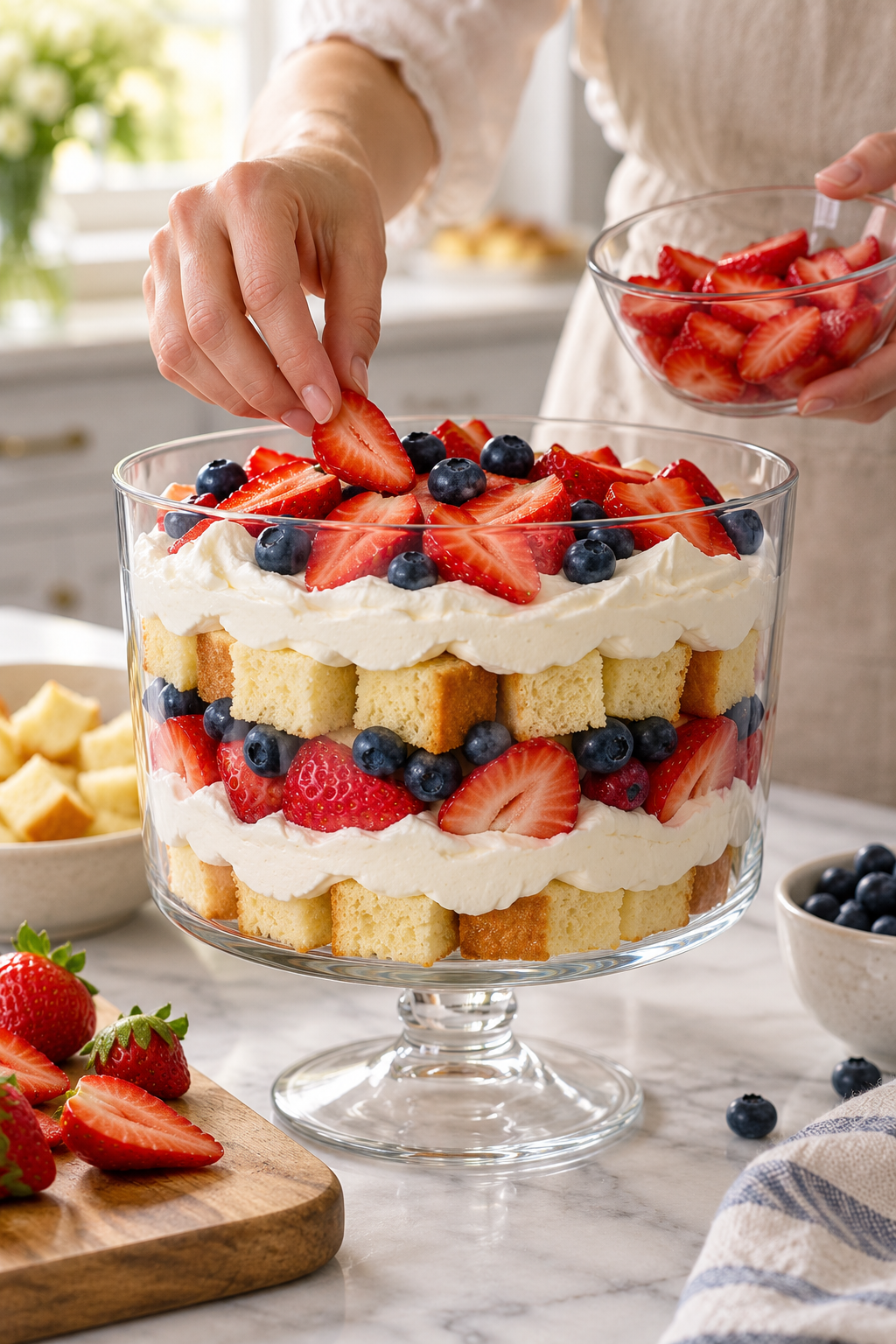 layering a strawberry blueberry trifle