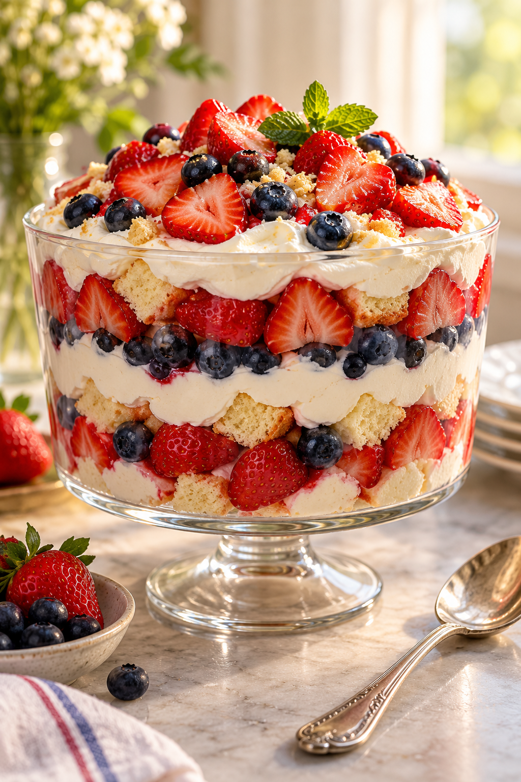 finished strawberry blueberry trifle served in a glass dish