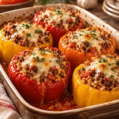 Stuffed bell peppers with melted mozzarella