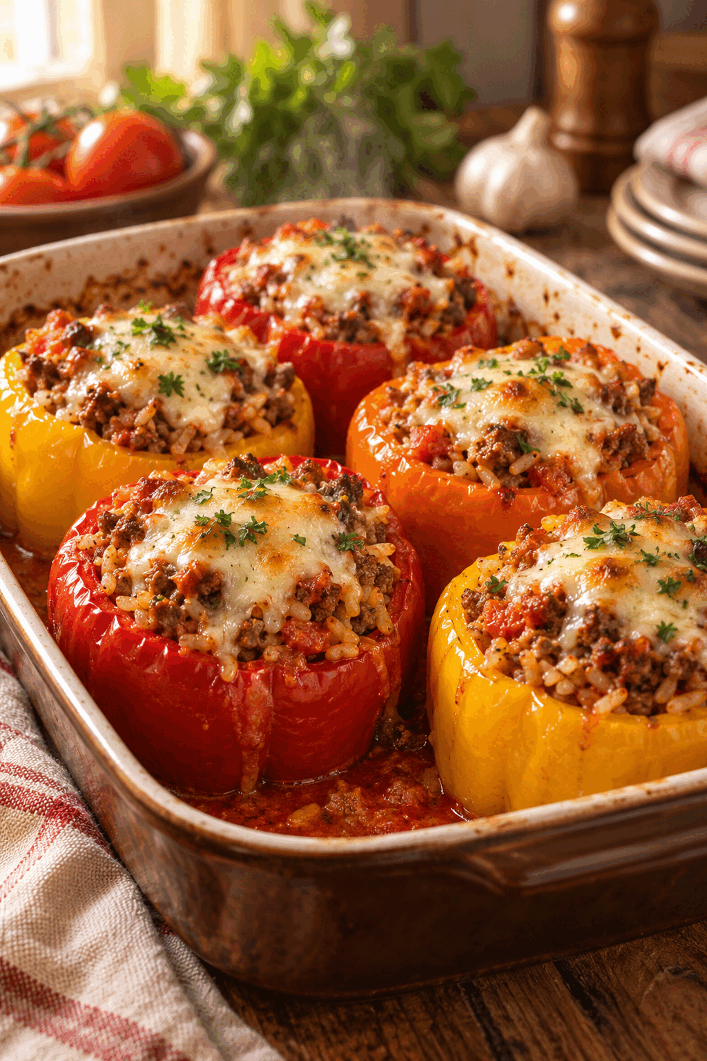 Stuffed bell peppers with melted mozzarella