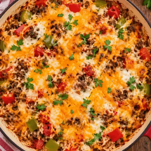 Stuffed pepper casserole with ground beef and rice