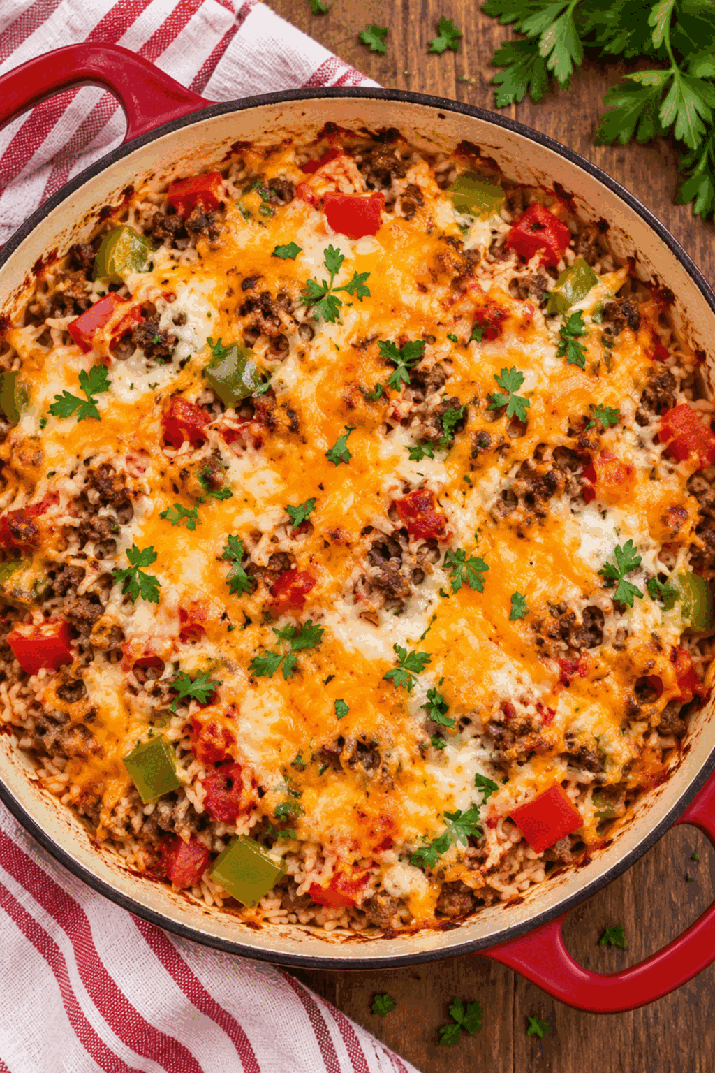Stuffed pepper casserole with ground beef and rice