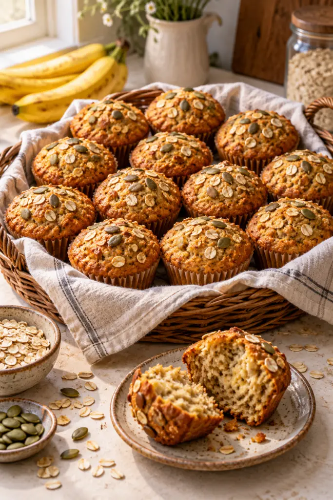 Superfood breakfast muffins with banana, oats, and seeds
