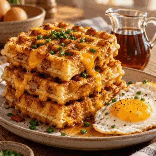 Sweet and savory waffles stacked with maple syrup