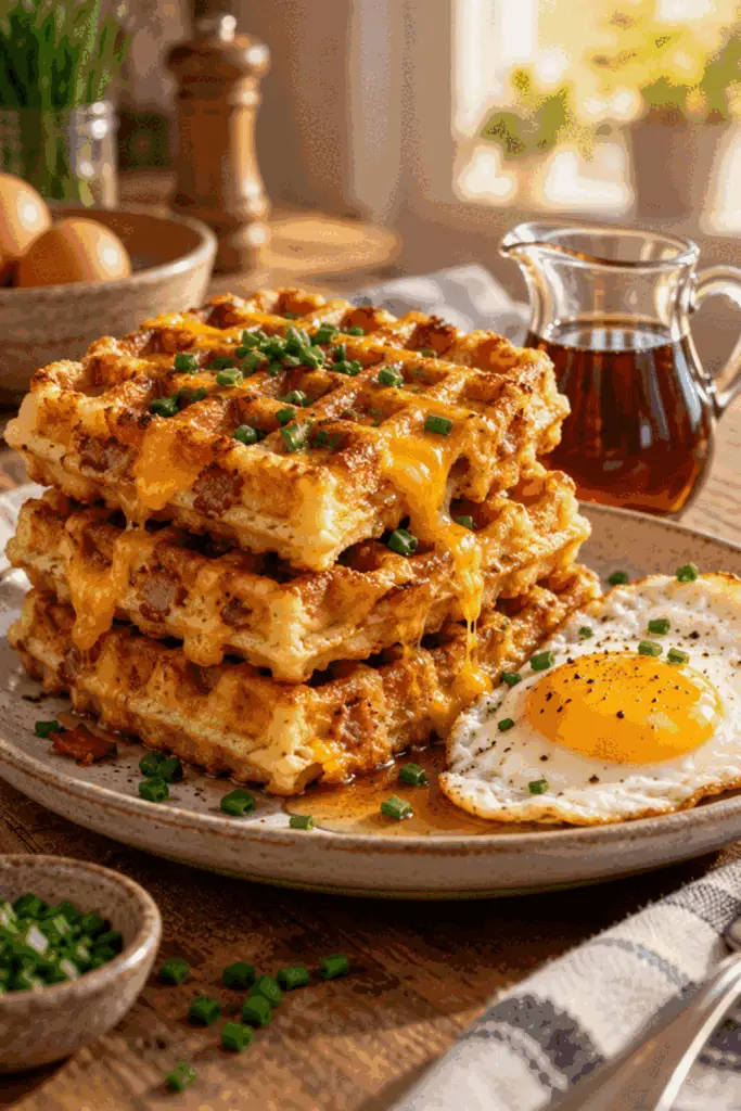 Sweet and savory waffles stacked with maple syrup