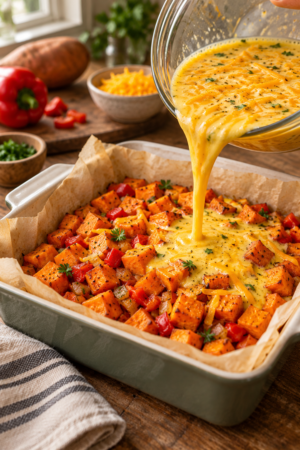 Cubed sweet potato and egg mixture for sweet potato frittata slices