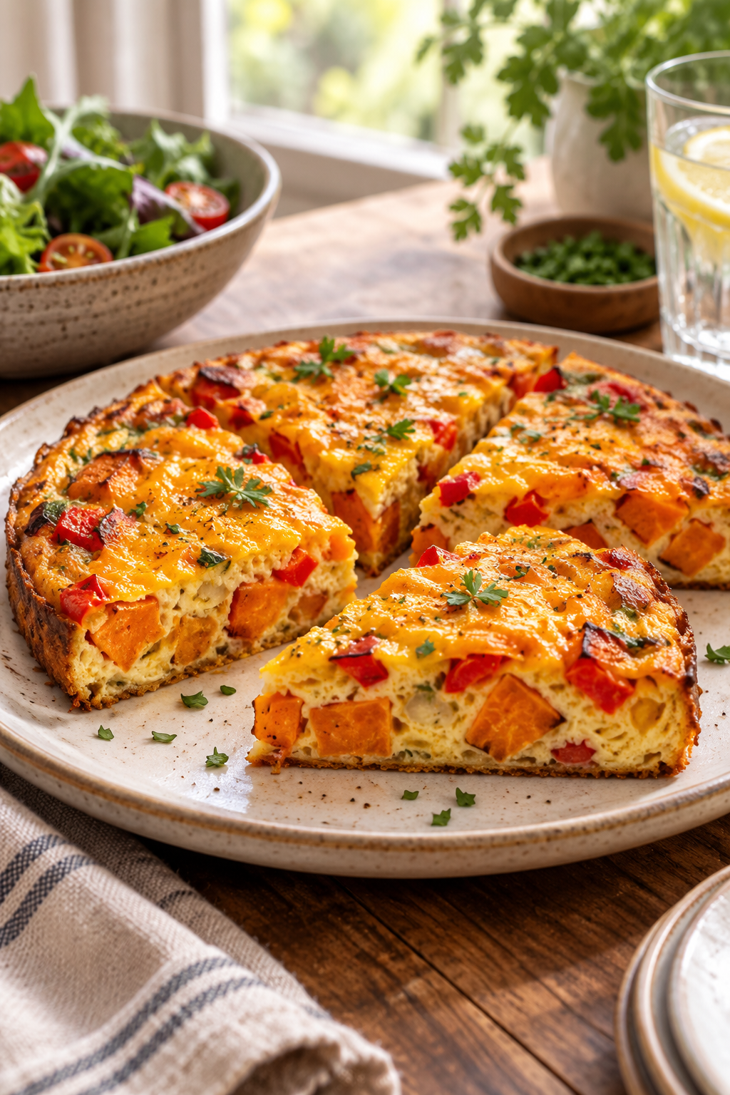 Golden sweet potato frittata slices ready to serve