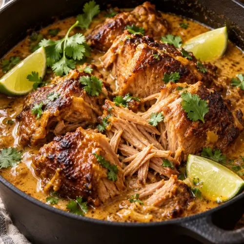 tender pork shoulders with coconut juice finished in coconut braising sauce