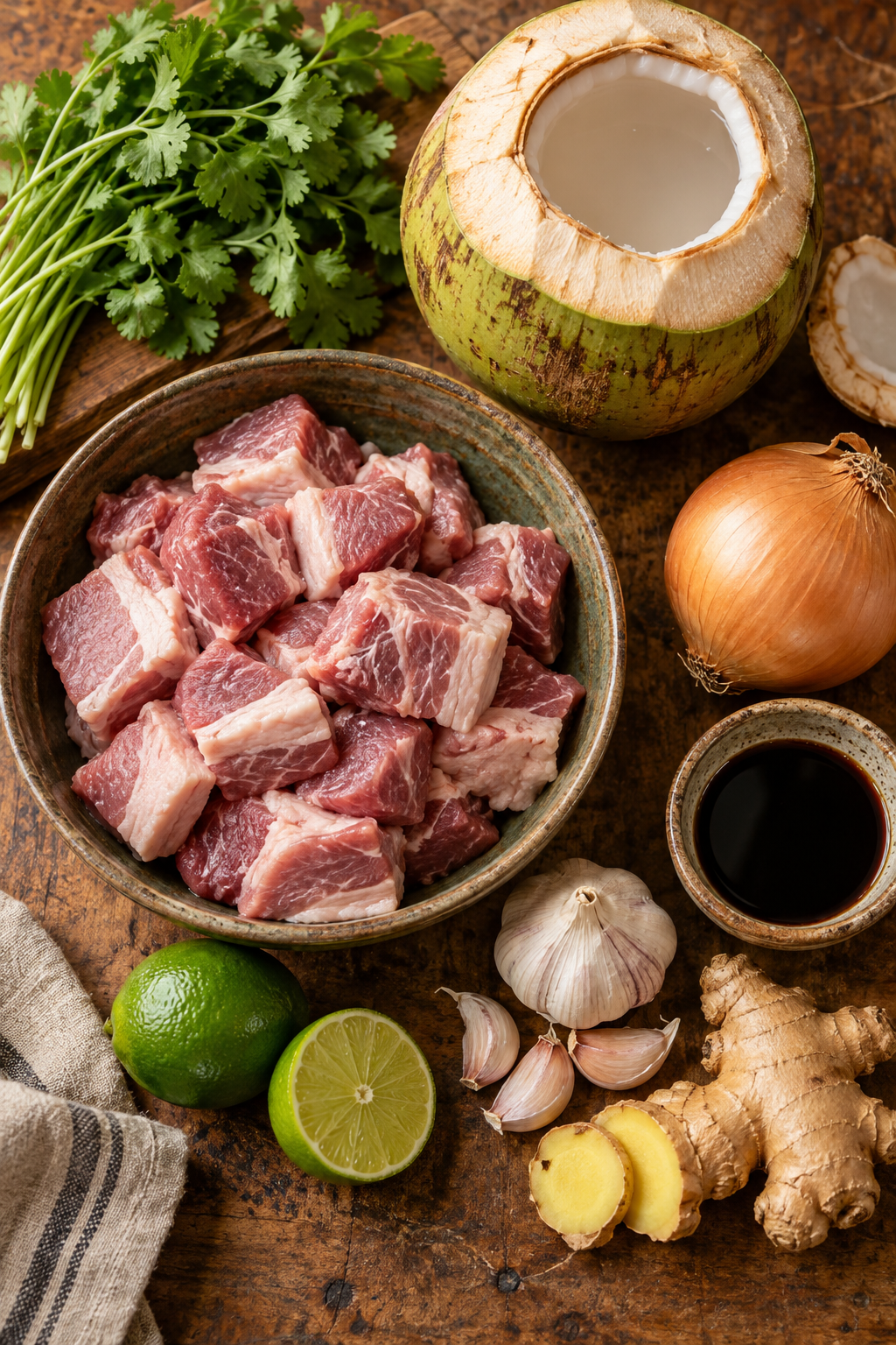 tender pork shoulders with coconut juice ingredients arranged for cooking