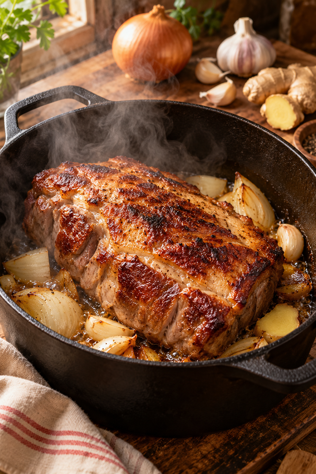 tender pork shoulders with coconut juice browning with aromatics