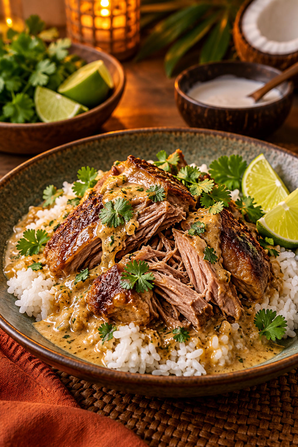 tender pork shoulders with coconut juice served over rice