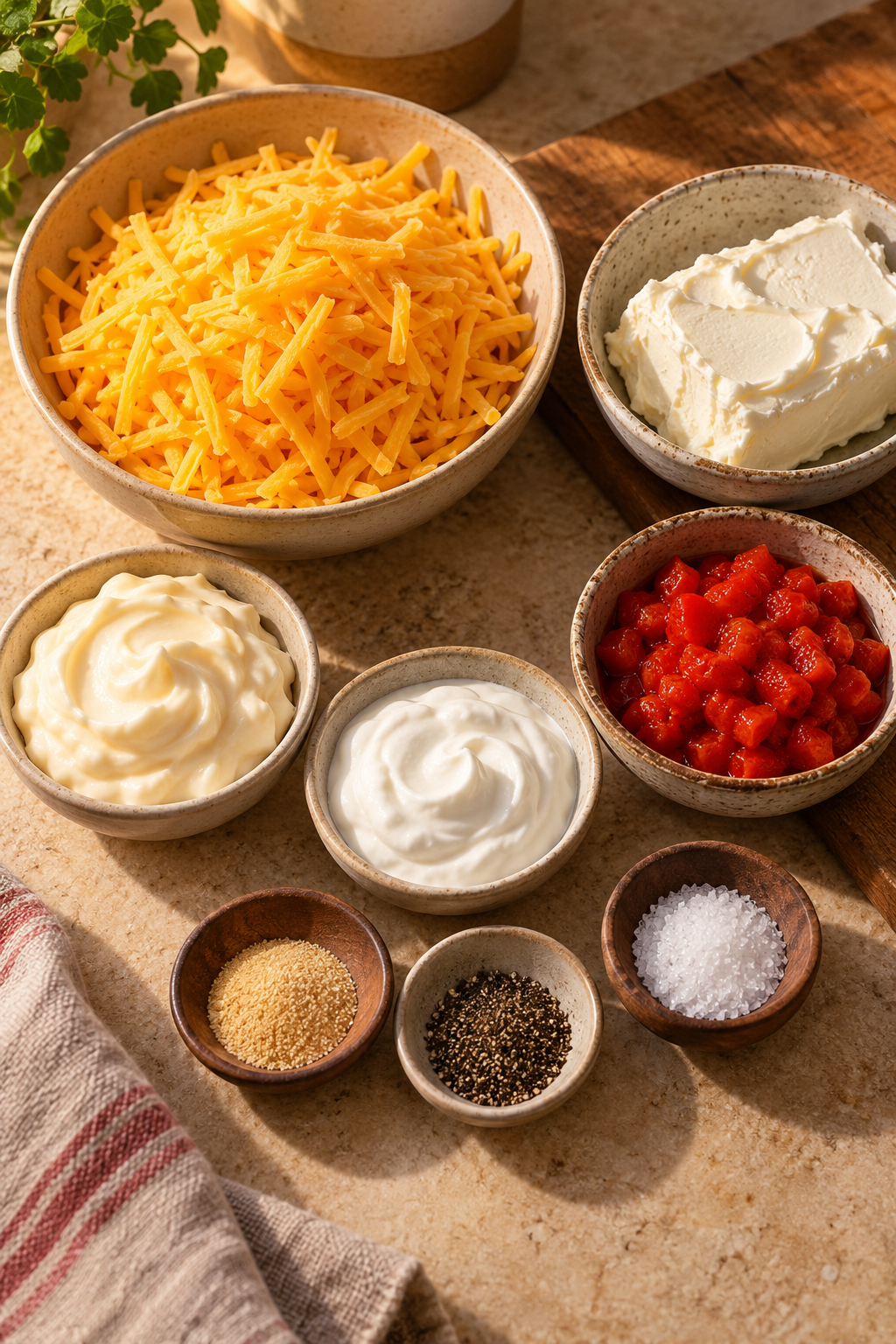 pimento cheese ingredients measured and arranged