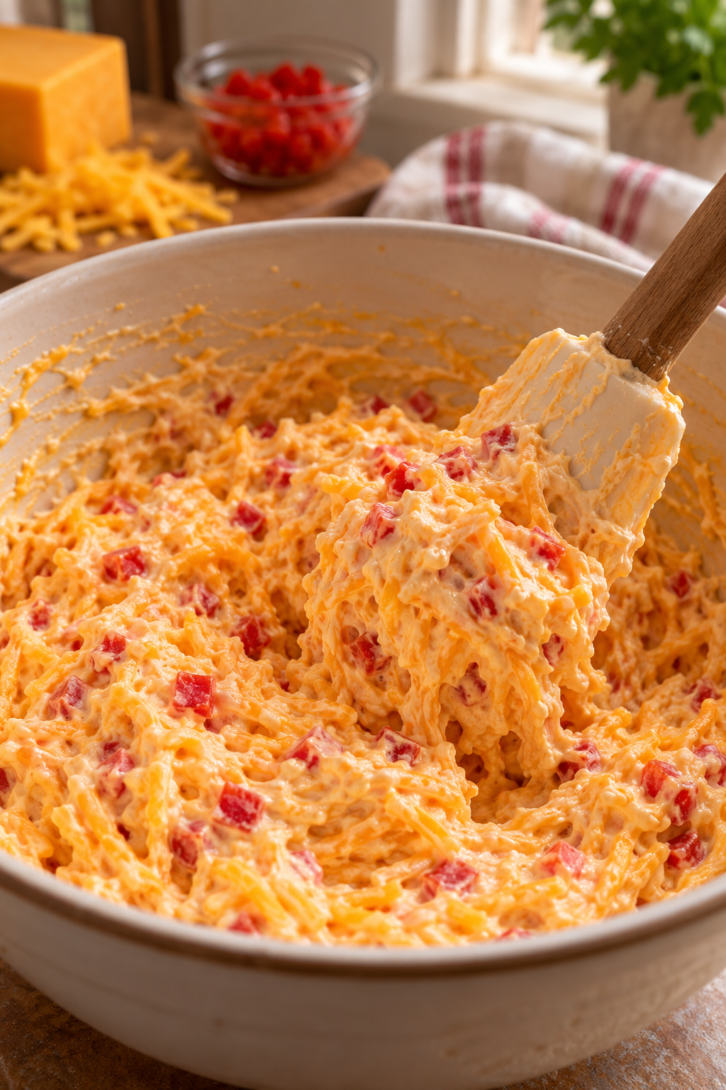 pimento cheese being stirred in a mixing bowl