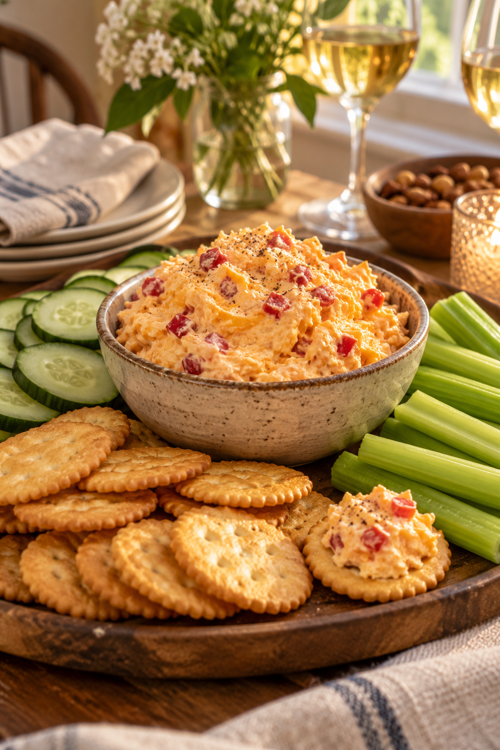 pimento cheese served with crackers and vegetables