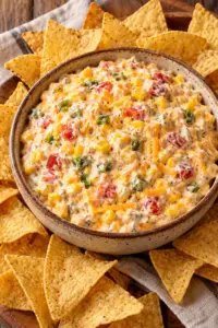 TikTok style boat dip with corn, Rotel, green chiles, and cheddar