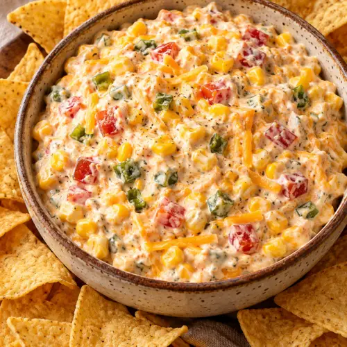 TikTok style boat dip with corn, Rotel, green chiles, and cheddar
