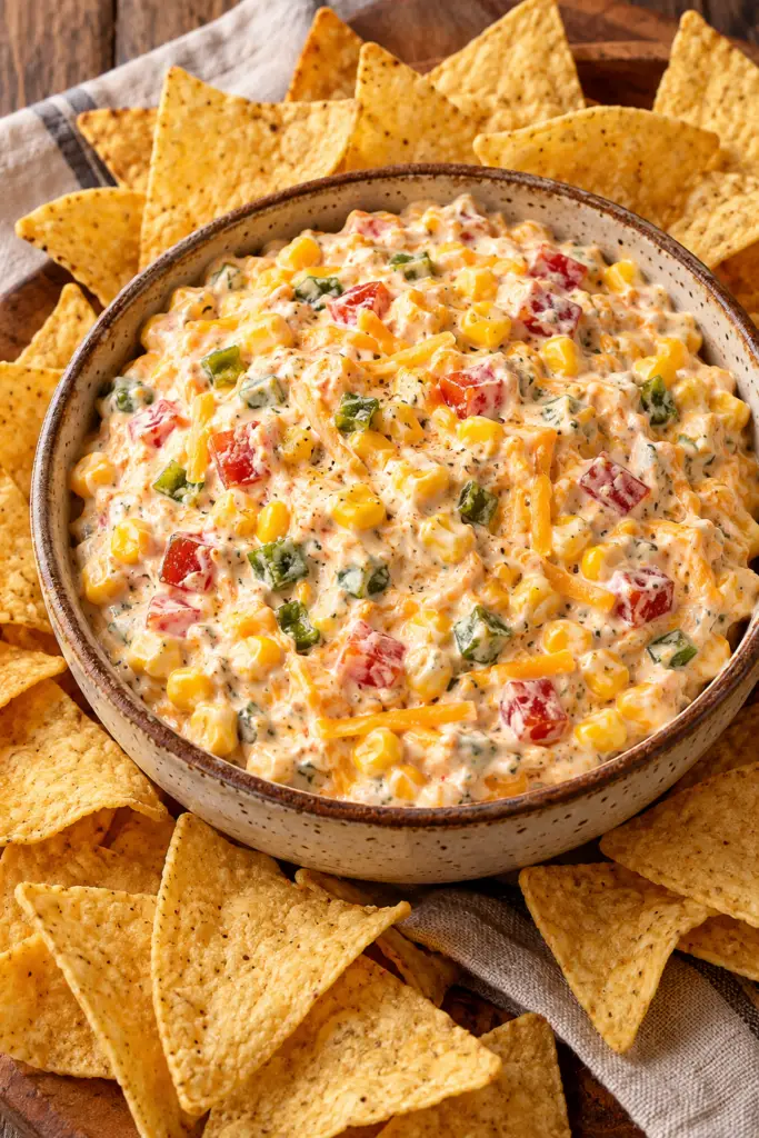 TikTok style boat dip with corn, Rotel, green chiles, and cheddar