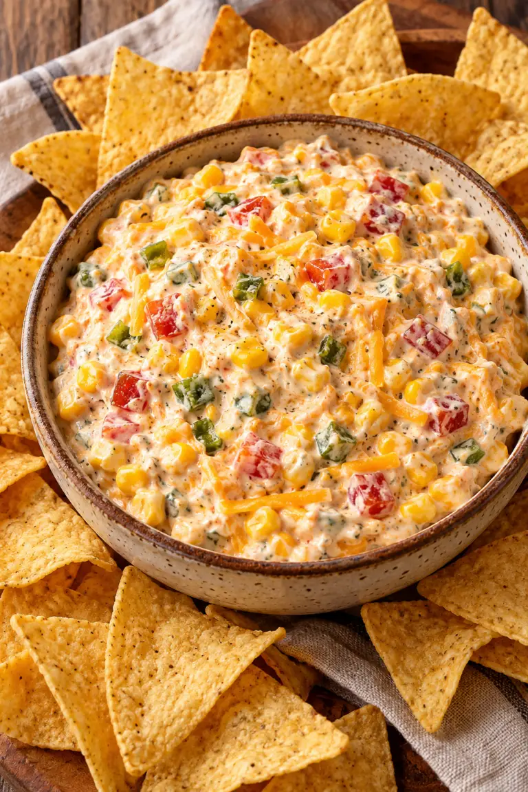 TikTok style boat dip with corn, Rotel, green chiles, and cheddar
