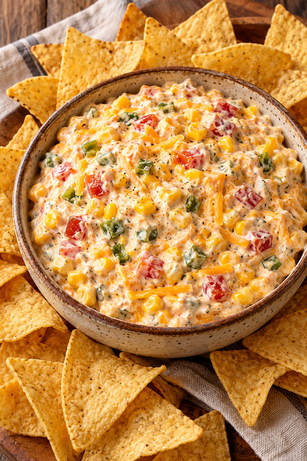 TikTok style boat dip with corn, Rotel, green chiles, and cheddar