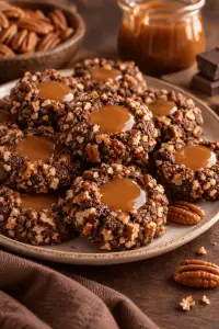turtle thumbprint cookies with chocolate, pecans, and caramel