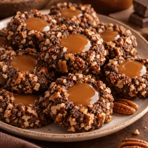 turtle thumbprint cookies with chocolate, pecans, and caramel