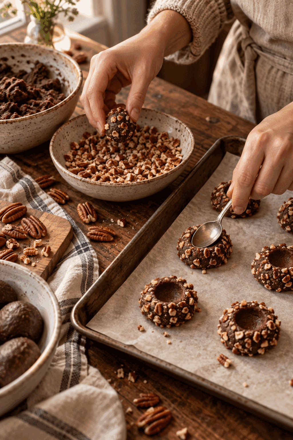 turtle thumbprint cookies dough being shaped and coated