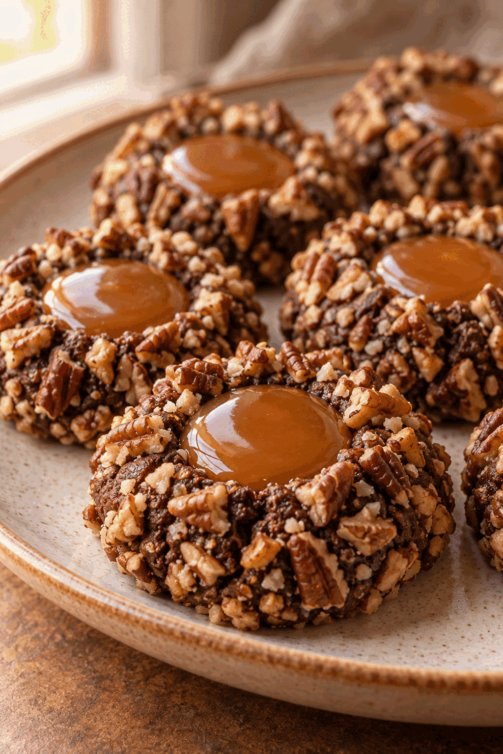 turtle thumbprint cookies filled with caramel and ready to serve