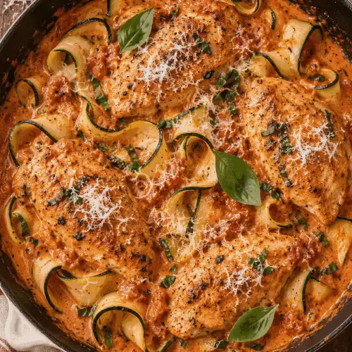 Vodka sauce chicken with zucchini noodles