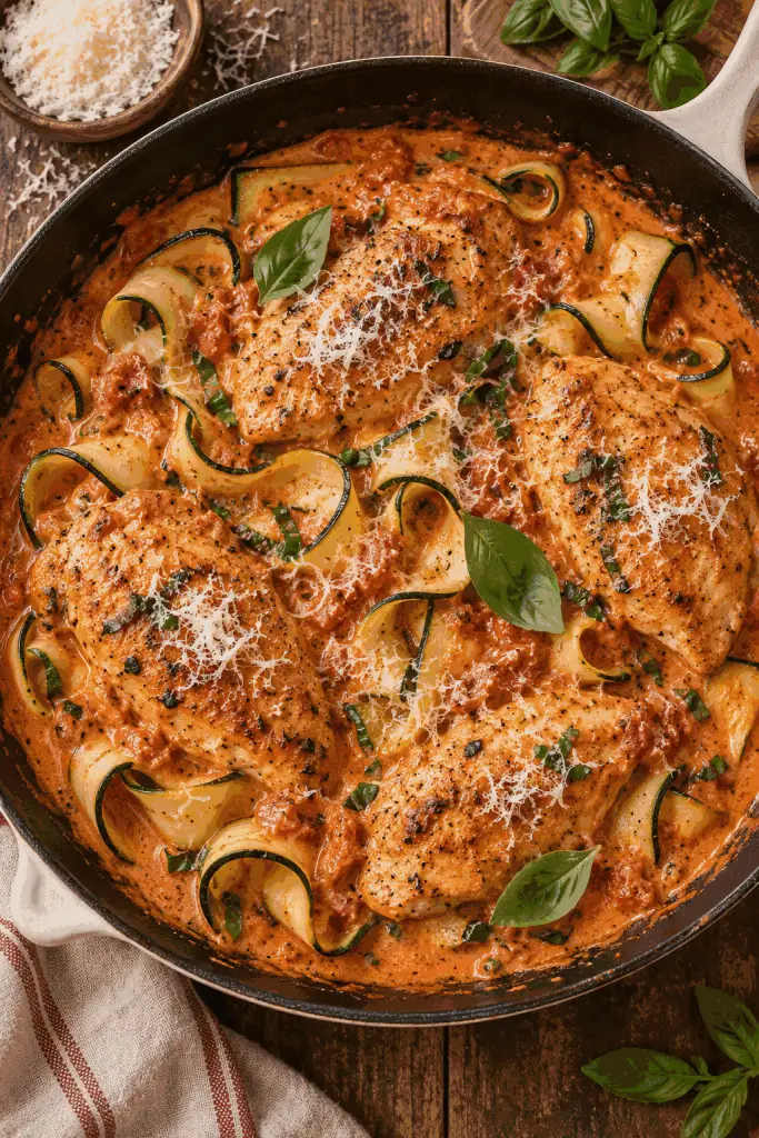 Vodka sauce chicken with zucchini noodles