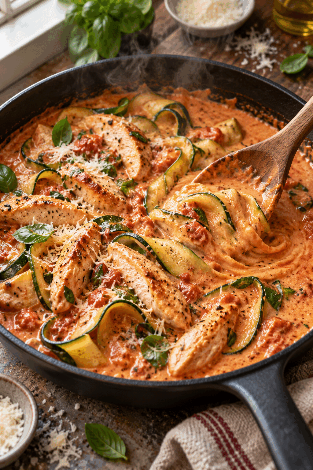 Chicken and zucchini noodles simmering in vodka sauce