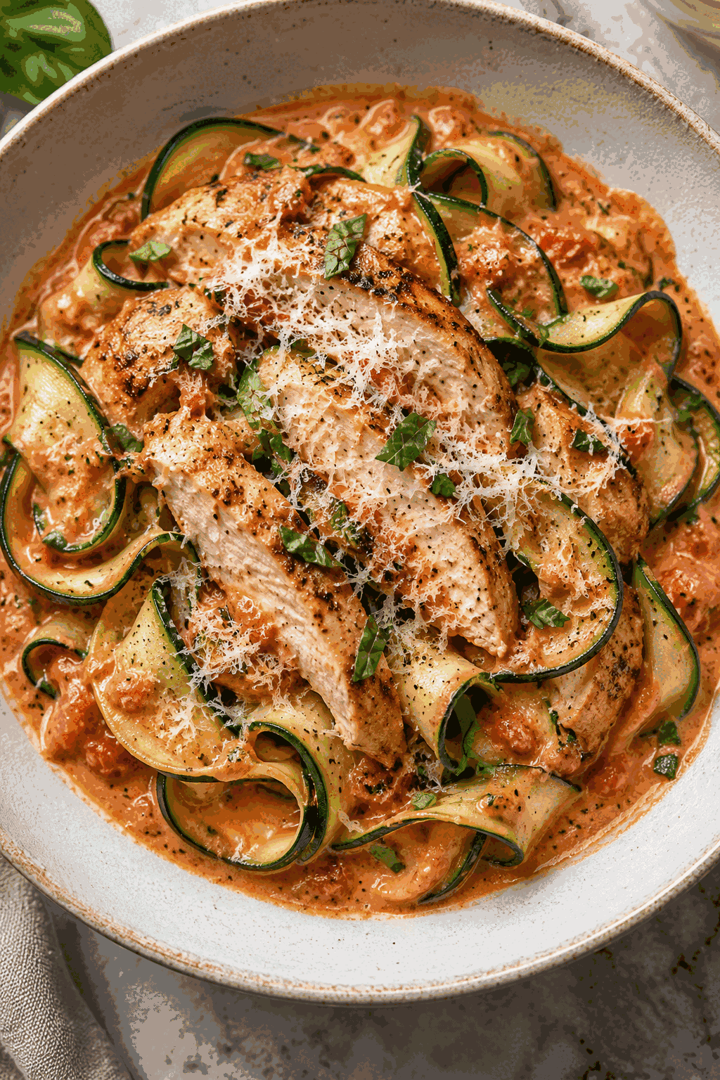 Finished vodka sauce chicken with zucchini noodles