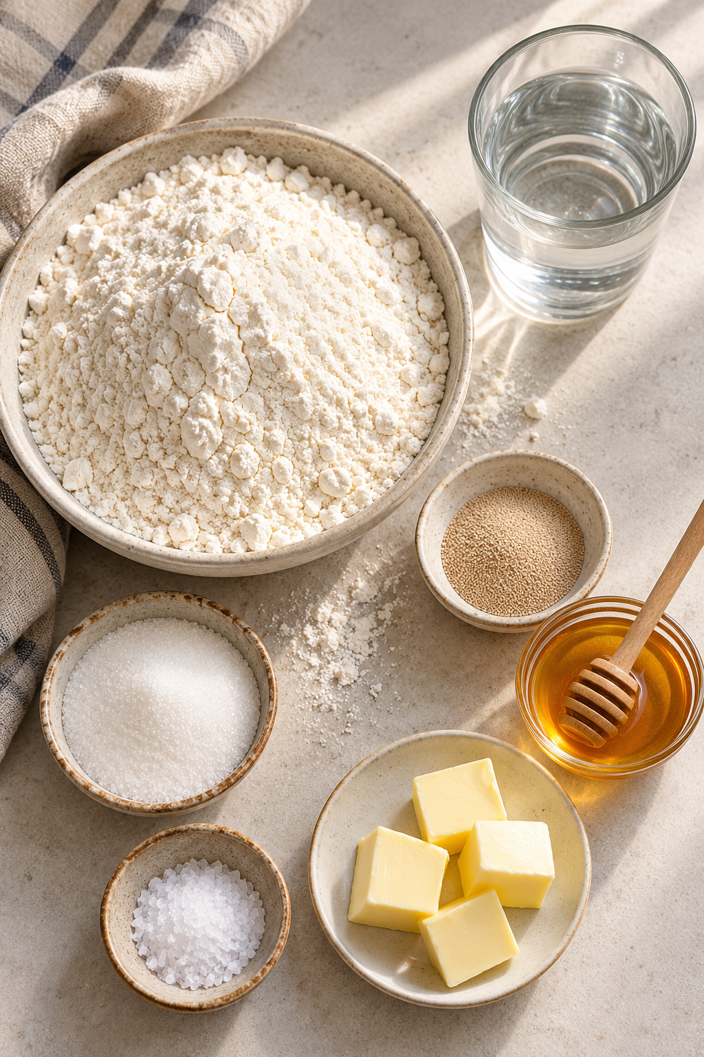 White bread ingredients arranged for baking