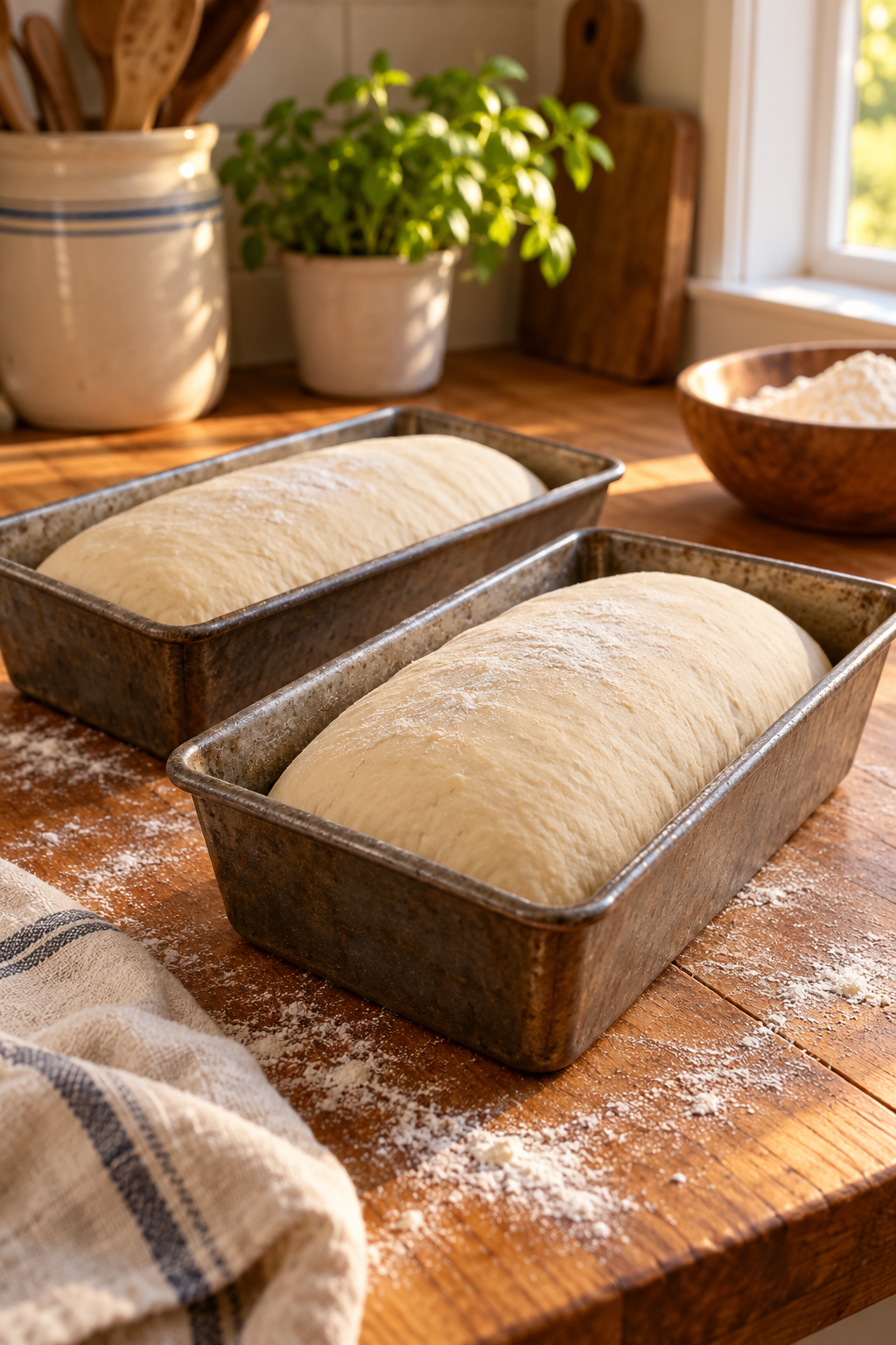 White bread dough shaped in loaf pans